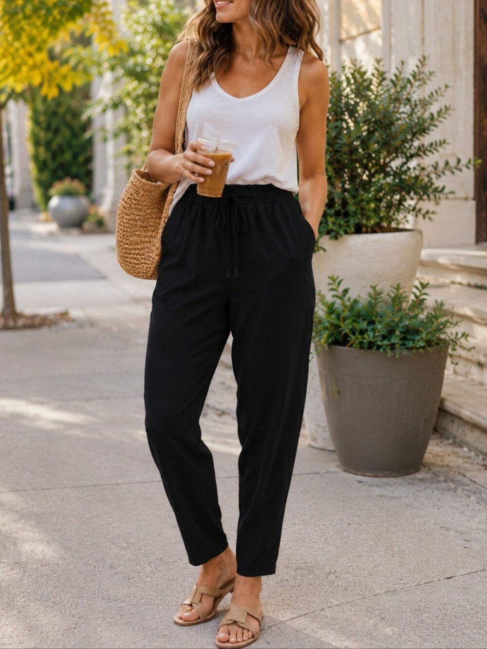 Ricki's Black Rayon Drawstring Pants Women's Pull-On Tapered Casual Fall